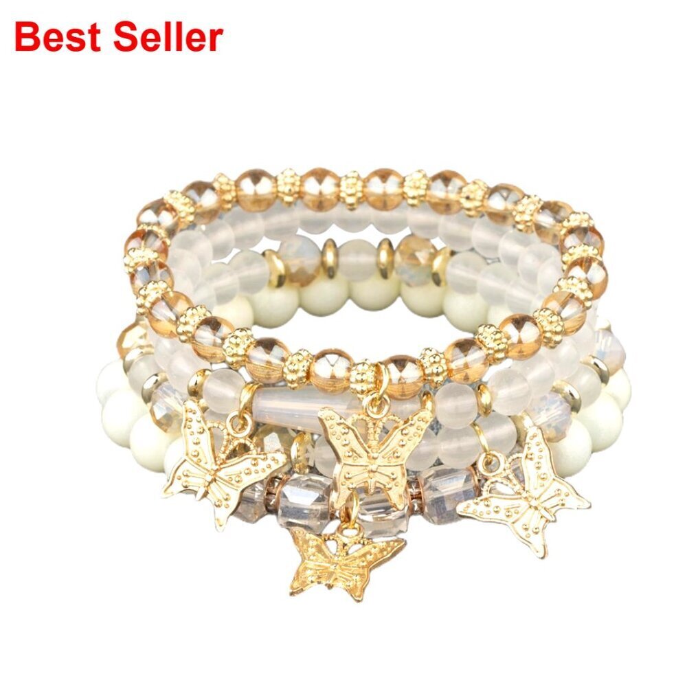 Gold Beaded Stretch Bracelet Set with Butterfly Crystal Stone Pendants